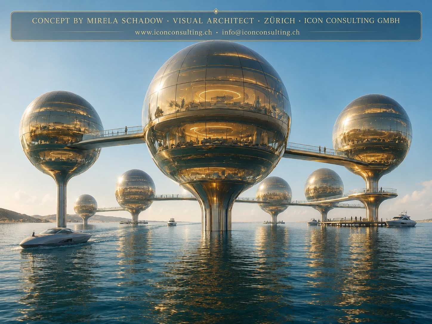 Gold-toned spherical hospitality concept above the water